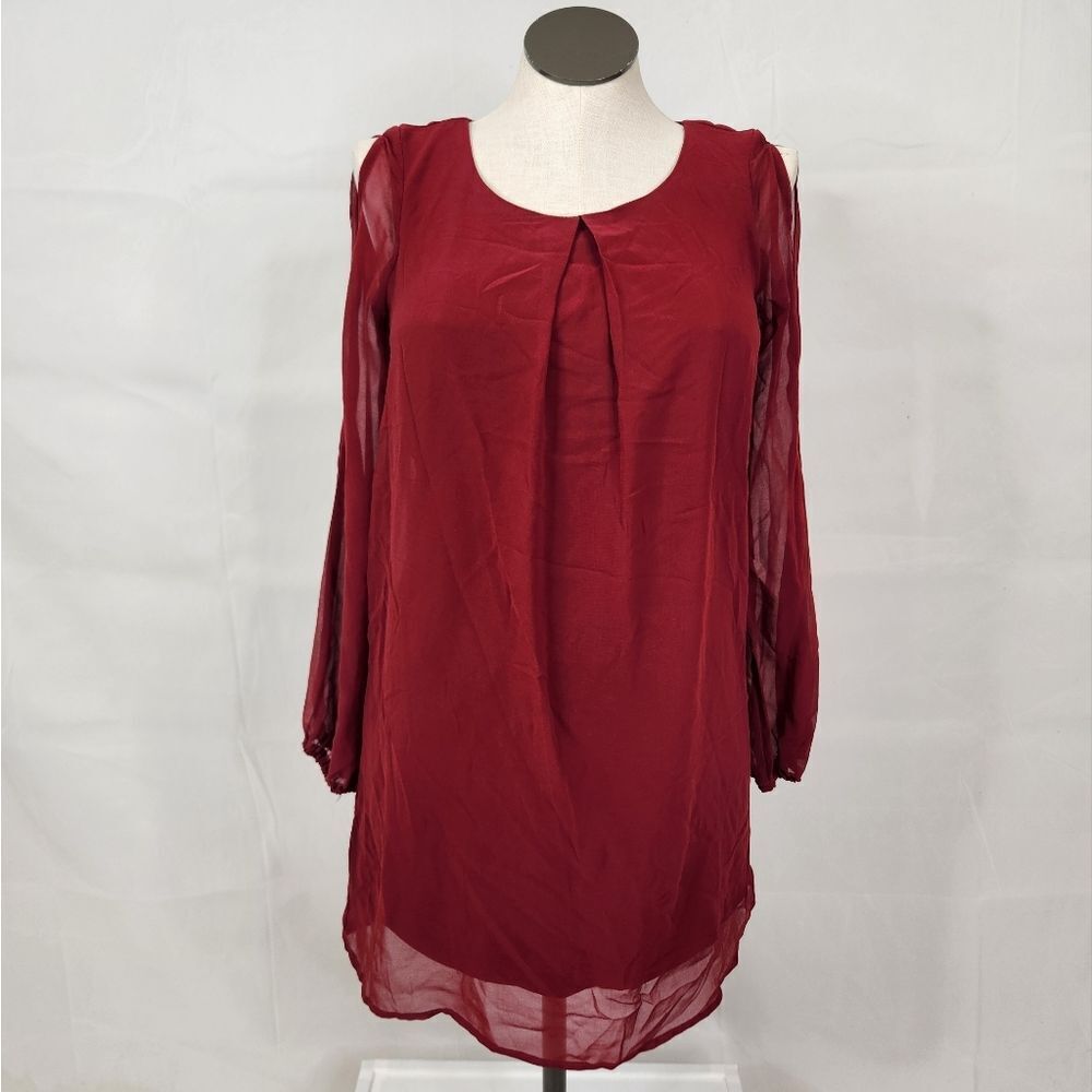 3/$25 As U Wish Red Cold Shoulder Lined Chiffon Mini Dress Size M
